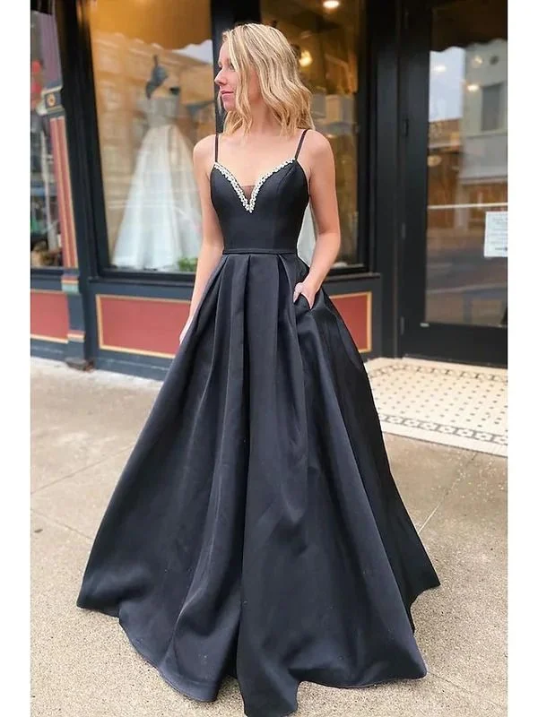 Black Satin Sleeveless V Neck Backless with Beading and Pocket Fromal Prom Dress,DP408