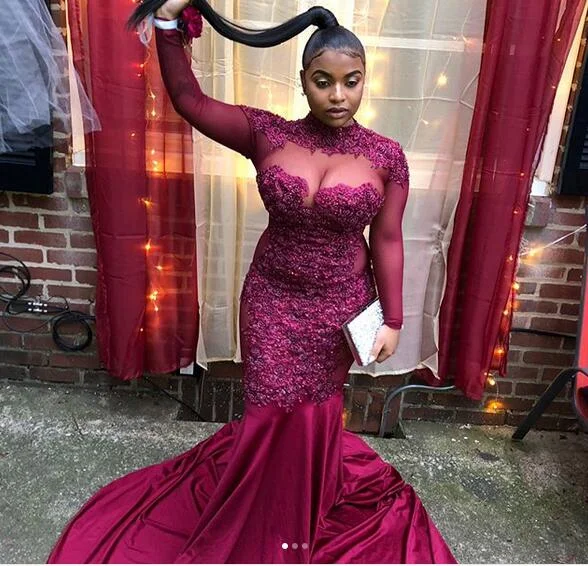 Burgundy Wine Red Satin Prom Dresses Long Sleeve Lace Appliques Plus Size Evening Formal Gowns,DS4976