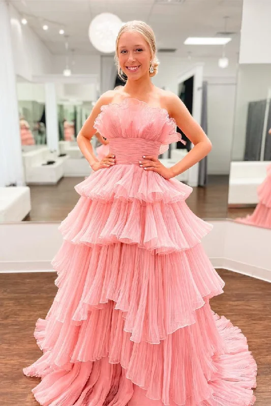 Candy Pink Tulle A-line Strapless Ruffles layers Long Prom Dress,DP0210