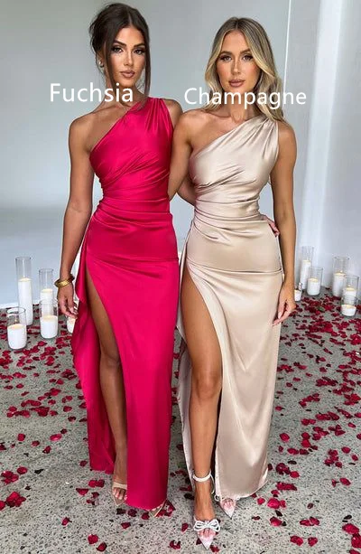 Champagne/Fuchsia Satin One Shoulder Prom Dress Party Dress with Slit,DP368