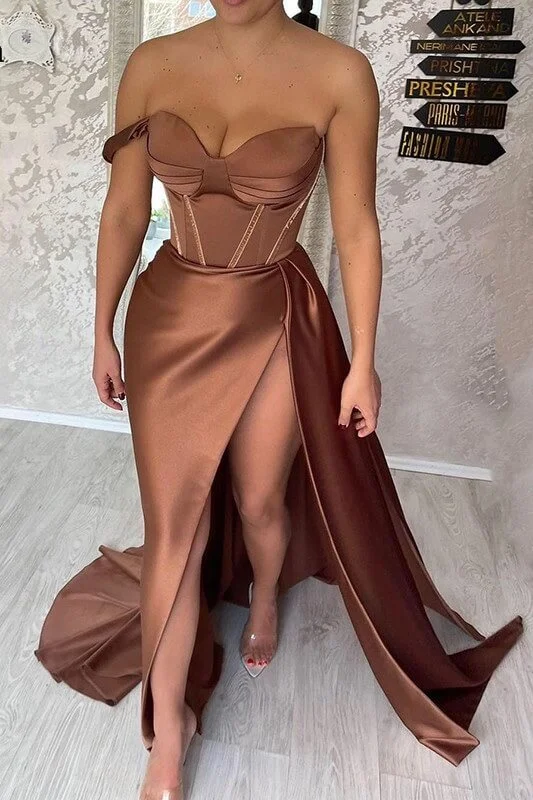 Chocolate Sweetheart Formal Evening Gowns Sexy Corset Prom Dresses,Side Split Satin Party Dress,DS5116