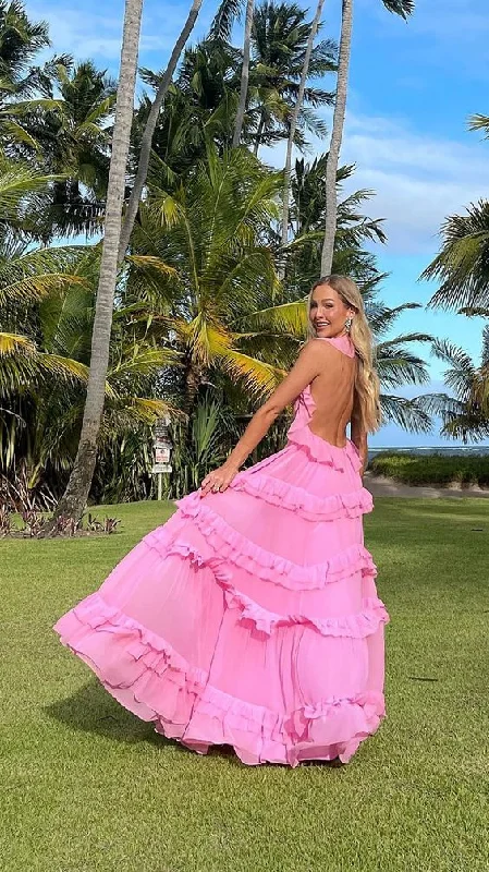 Pink V Neck Halter Ruffles A-Line Backless Long Prom Dress Party Dress,DP537