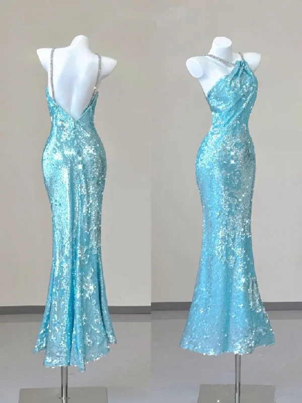 Ice Blue Halter Sequins Open Back Sheath Long Evening Party Dress, DP3791