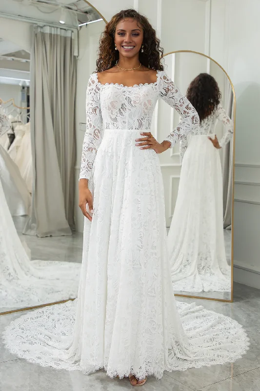 Ivory A-Line Lace Wedding Dress Sweep Train Dress with Sleeves