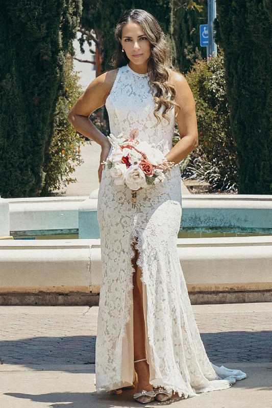 Ivory Open Back Boho Lace Wedding Dress With Front Slit