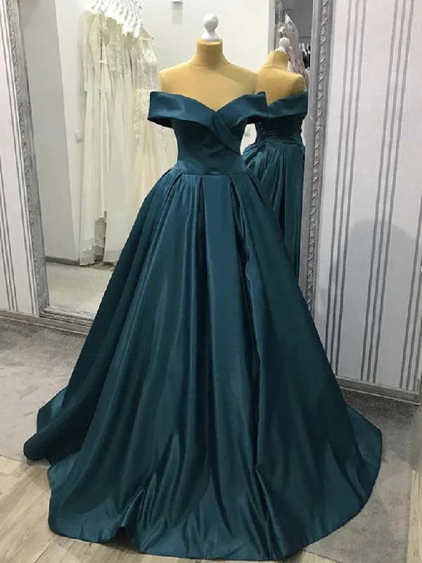 Off the Shoulder Blue-Green Prom Gown, Off Shoulder Satin Formal Evening Gown,DS1672