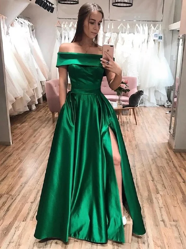 Off the Shoulder Green Satin Prom Dresses, Off Shoulder Green Satin Long Formal Evening Dresses,DS1666