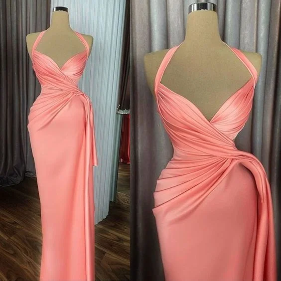 Peach Prom Dresses, Pleats Prom Dresses, Halter Prom Dresses, Satin Evening Dresses, New Arrival Prom Dresses, 2022 Prom Dresses,DS4996