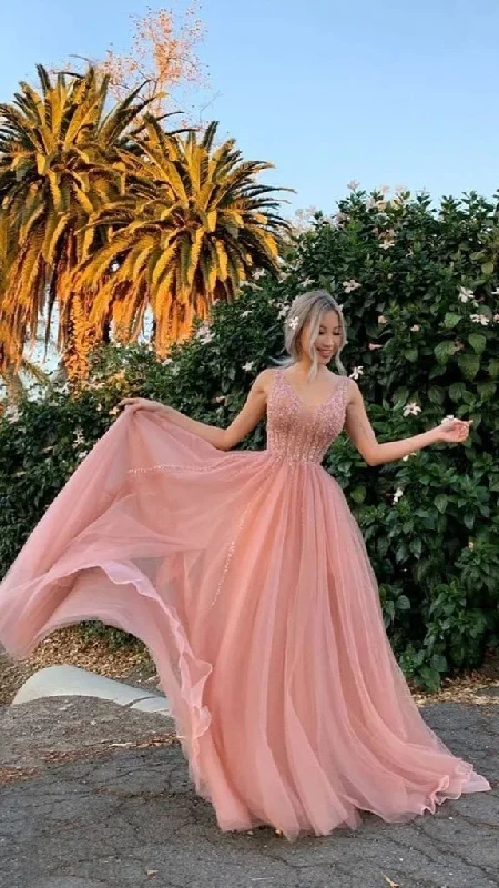 Elegant Pink A-Line Beaded Tulle Long Prom Dress Party Dress,DP534