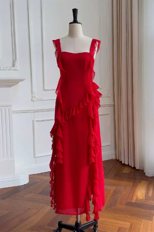 Red Square Neck Ruffle Chiffon Long Party Dress,DP1554