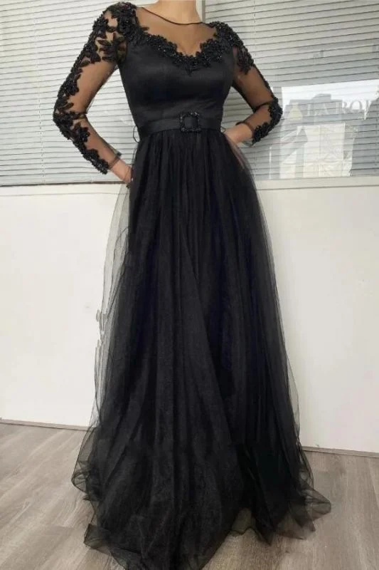 Sexy Black Long Sleeves Prom Dress Lace Evening Gowns,DS3731