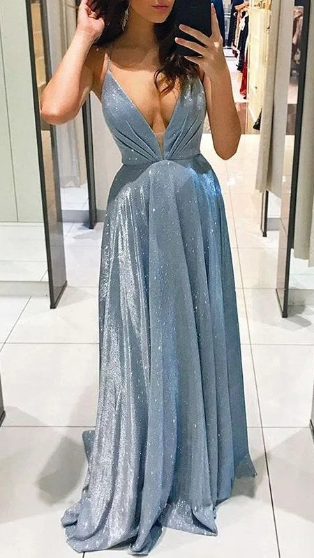 Sexy Shiny Deep V Neck A-Line Long Prom Dress with Pockets,DP373