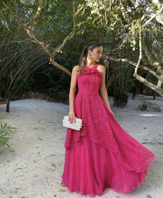 Hot Pink Sleeveless A-Line Tulle Lace Long Prom Dress Party Dress,DP530