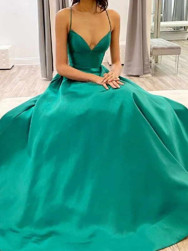 Simple Green V Neck Satin Long Prom Dresses, V Neck Green Satin Long Formal Evening Dresses,DS1617