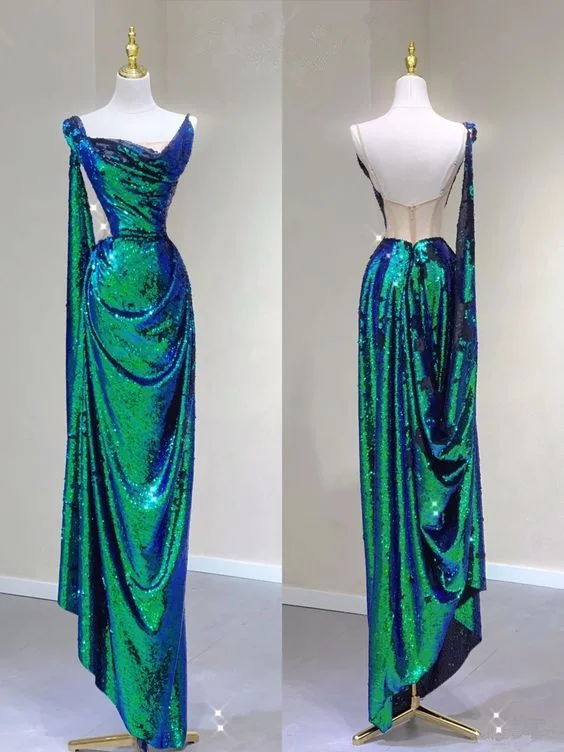 Stunning Green Sequins Straps Sheath Long Evening Party Dress, DP3778