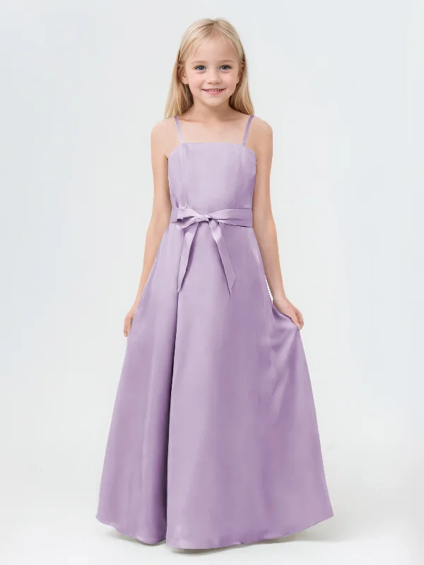 A-Line Spaghetti Straps Long Satin Junior Bridesmaid Dresses