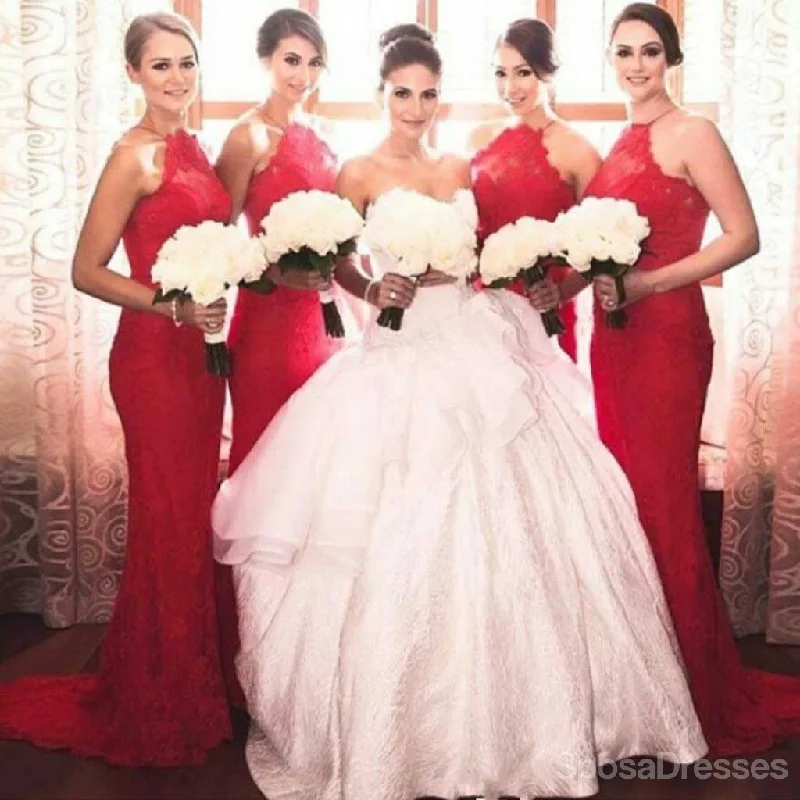 Charming Popular Red Halter Sexy Mermaid Lace Long Bridesmaid Dresses, WG152