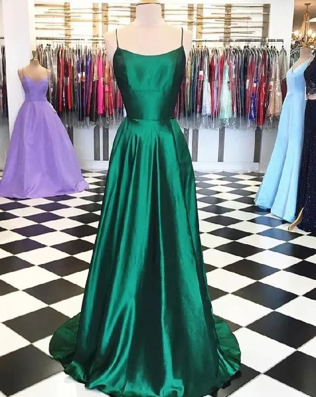 Green Prom Dresses Spaghetti Straps Criss Cross