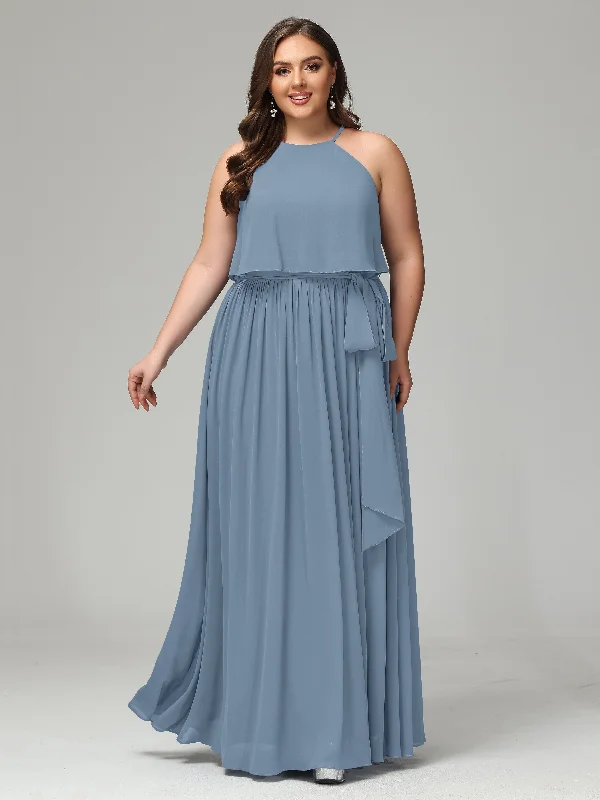 Halter Zipper Chiffon Plus Size Bridesmaid Dresses With Belt