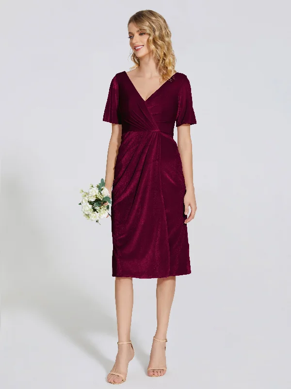 Kendall Flattering V-neck Knee Length Velvet Bridesmaid Dresses