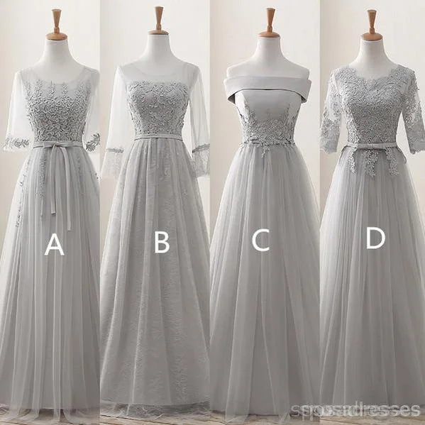 Lace Grey Mismatched Styles Chiffon Formal Long Bridesmaid Dresses, BD18001