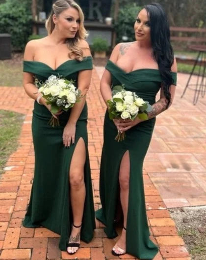 Off Shoulder Bridesmaid Dresses Green Slit Side