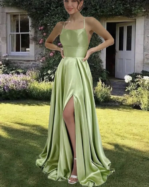 Olive Green Prom Dresses Slit Side