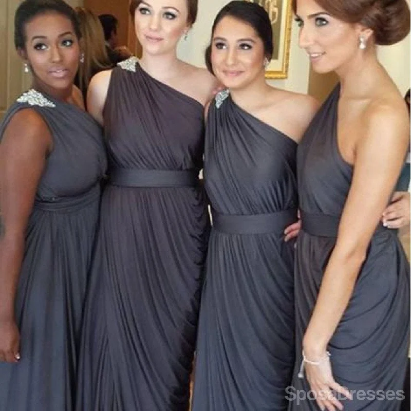 Pleating Chiffon One Shoulder Dark Grey Floor Length Bridesmaid Dresses, WG129