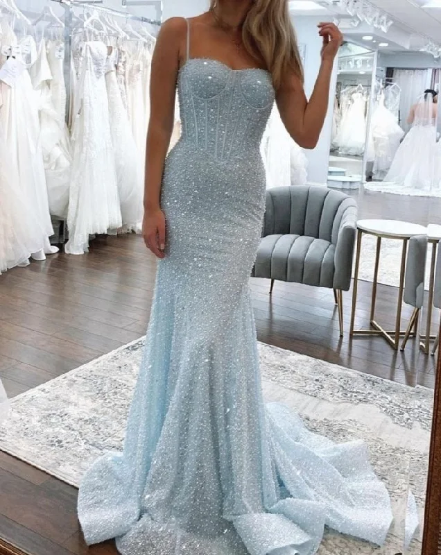 Shiny Light Blue Prom Dress Mermaid Spaghetti Straps Long Beaded