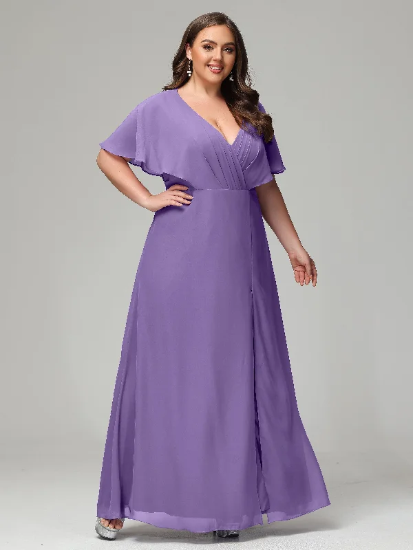 Short Sleeves Chiffon Split Long Plus Bridesmaid Dresses