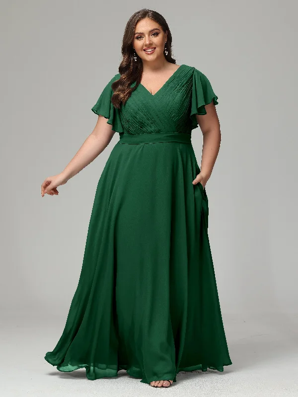 Short Sleeves Pleats Chiffon Plus Size Bridesmaid Dresses