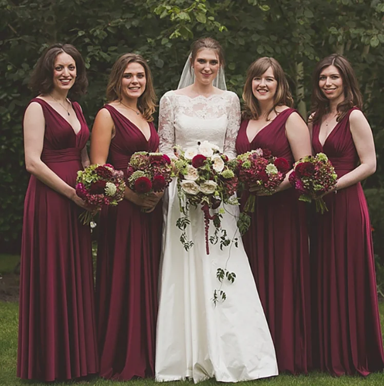 V Neck Burgundy Bridesmaid Dresses under 100