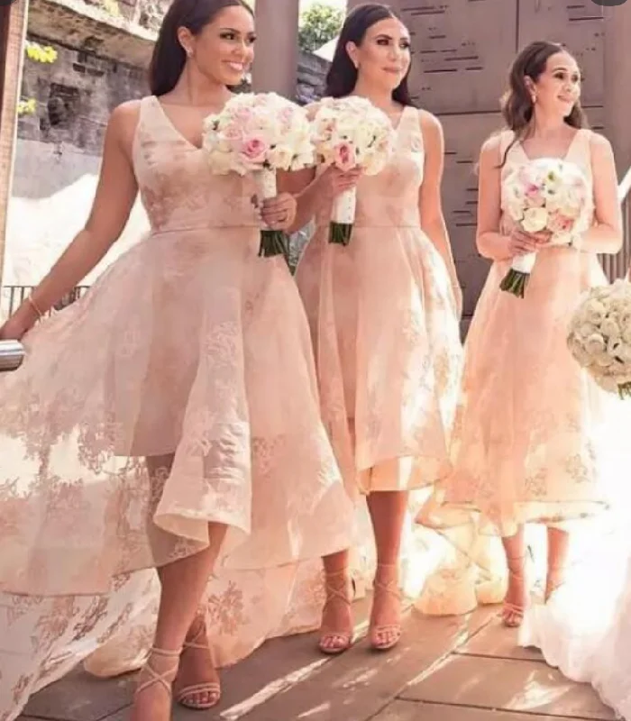 V Neck Pink Hi Low Bridesmaid Dresses for Wedding Party