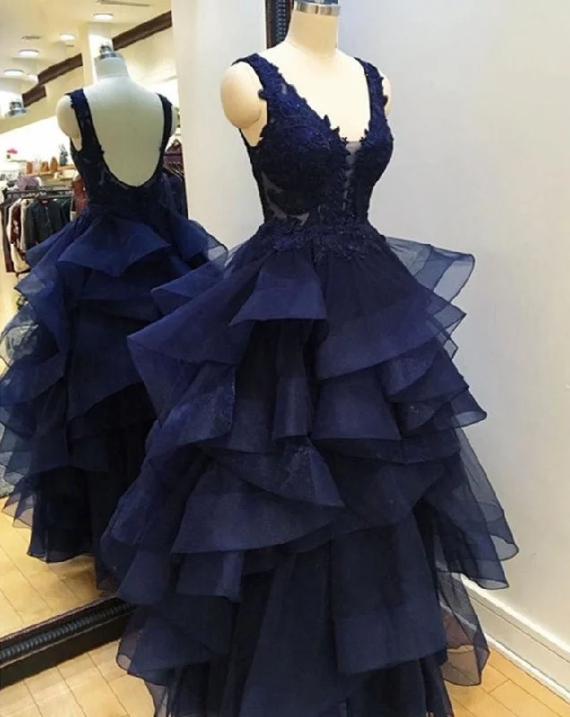 V Neck Prom Dresses with Lace Dark Navy Blue