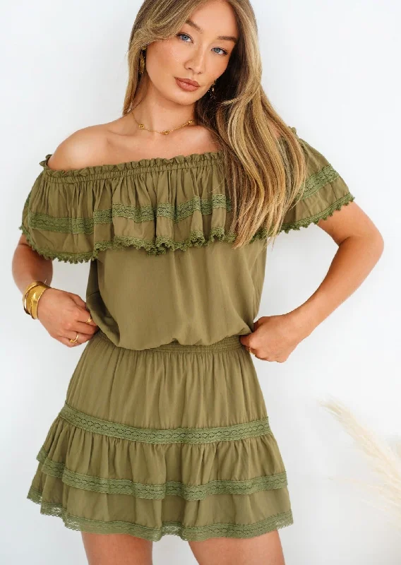 Olive Off Shoulder Ruffled Voile Mini Dress Lily