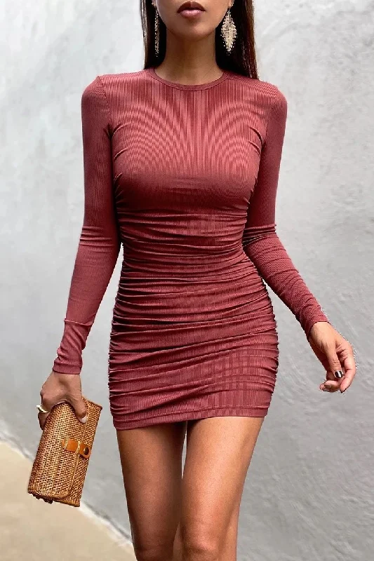 Yasmine Long Sleeve Ruched Knit Dress - Wine