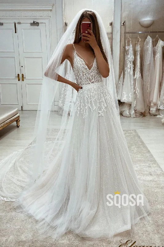 Sexy V-Neck Beads A-line Tulle Rustic Wedding Dress QW2133