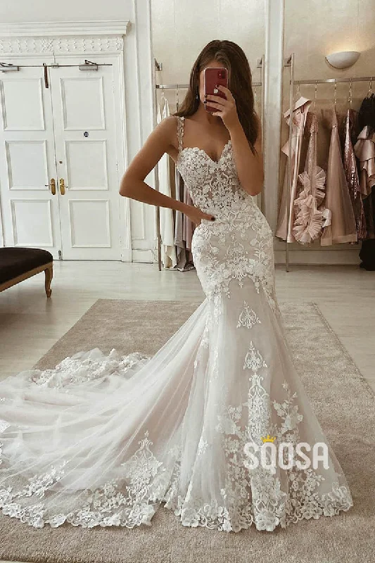 Mermaid/Trumpet Wedding Dress Spaghetti Straps Appliques Rustic Wedding Gown QW2246