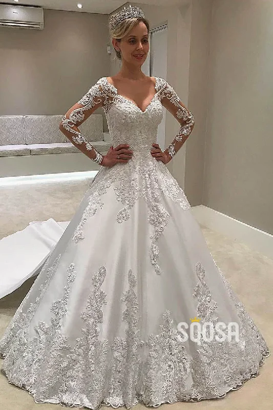 A-line Chic Illusion Long Sleeves Satin Appliques Rustic Wedding Dress with Detachable Train QW2260