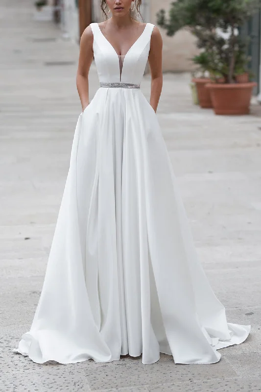 A Line Deep V neck Satin Wedding Dress with Pockets Court Train Simple Bridal Gown QW2270