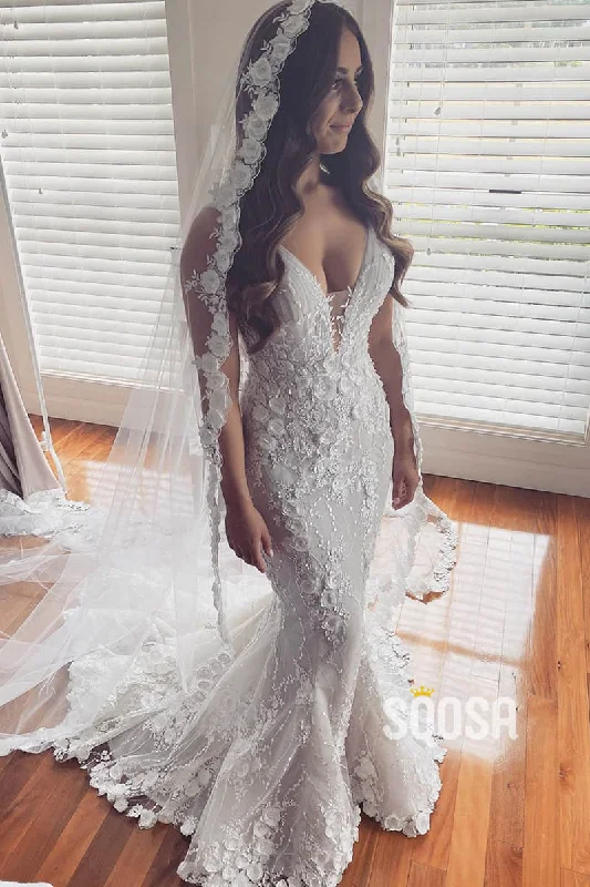 Attractive V-neck Ivory 3D Lace Mermaid Wedding Dress QW2497