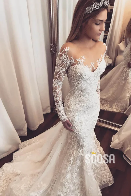 Unique Illusion Neckline Long Sleeves Luxury Lace Wedding Dress Mermaid Gown QW2506