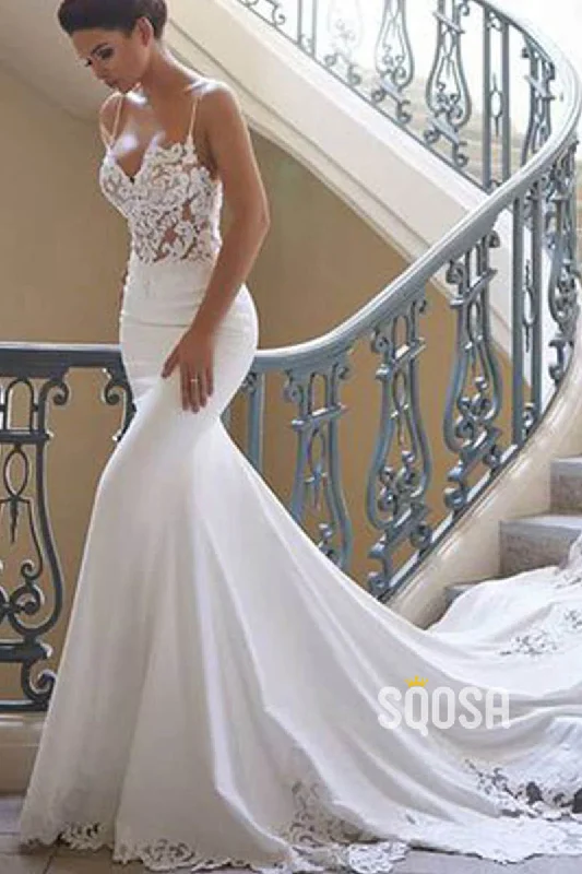 Spaghetti Straps Exquisite Lace Wedding Dress Mermaid Gown QW2519