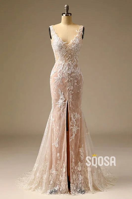 Exquisite Champagne Lace Wedding Dress V-neck Appliques Mermaid Wedding Gown QW2539