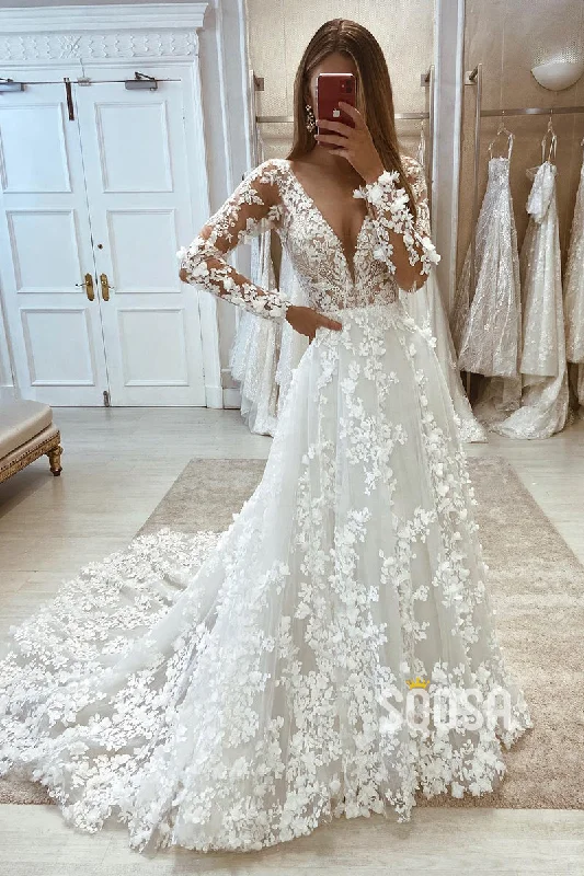 Allover Lace V-Neck Long Sleeves A-line Wedding Dress QW2570