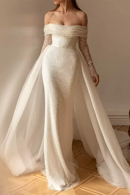 Sheath/Column Off Shoulder Long Sleeves Rustic Wedding Dress QW2574