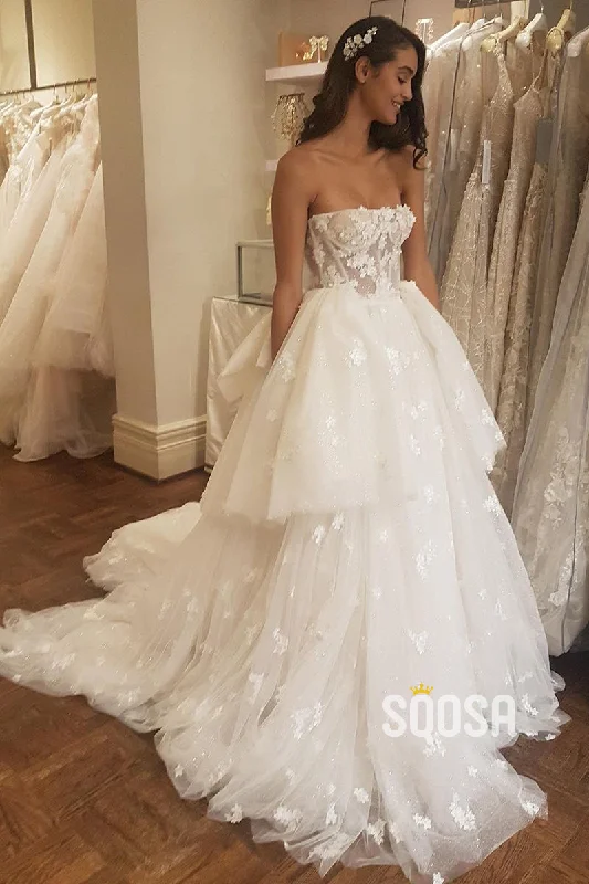 Unique Strapless Tulle Appliques A-line Wedding Dress QW2687