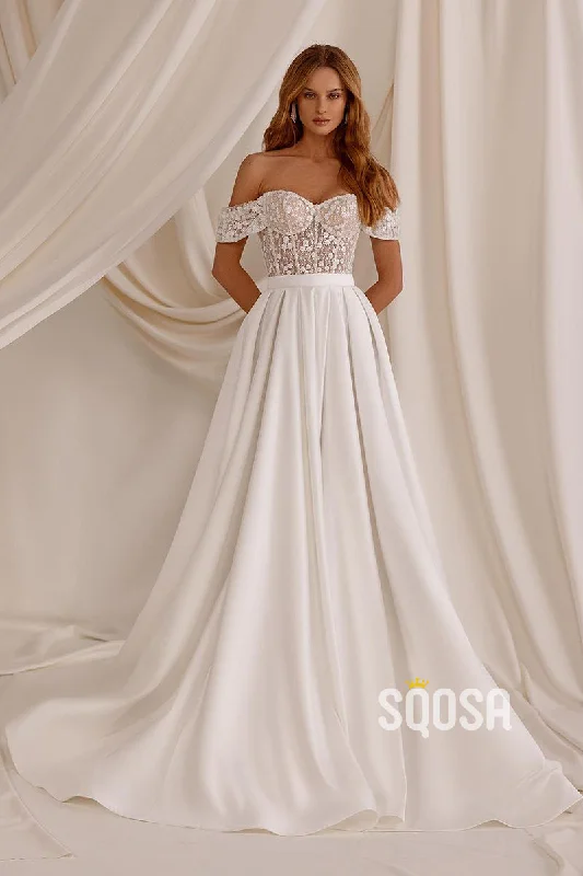 Illusion A-Line Off-Shoulder Satin Wedding Dress Bridal Gowns With Train QW8060