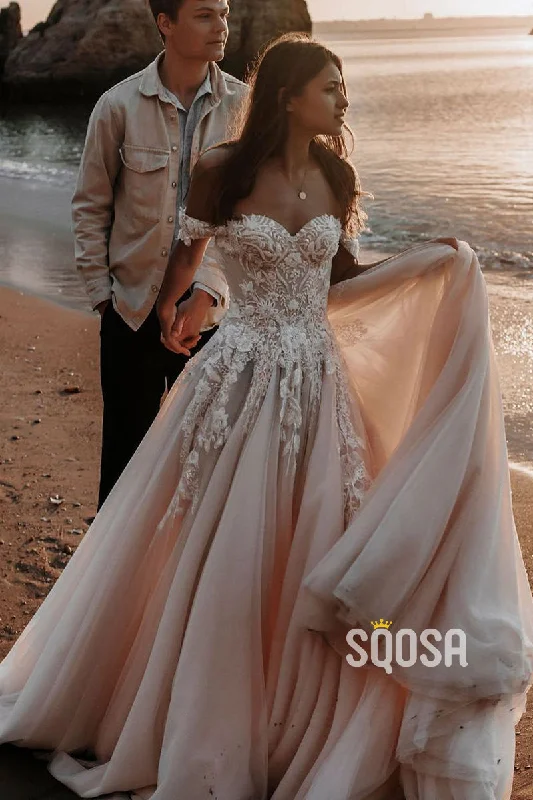 Unique Off the Shoulder Lace Appliques Bohemian Wedding Dress QW2170