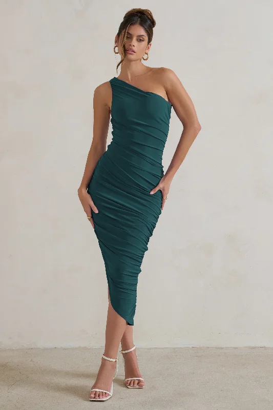 Dorit | Bottle Green One Shoulder Asymmetric Ruched Midi Dress